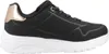 A side view of a black Skechers Uno Lite sneaker with a white sole and gold accents. Voir les images du produit