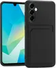 A black phone case with a card slot is shown next to a smartphone. Produktbild-Vorschau