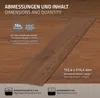 A single vinyl flooring plank is shown diagonally on a wooden floor background, with text overlays providing product specifications. Náhled obrázku produktu