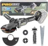 A cordless angle grinder and its accessories are displayed against a white background, with the product's packaging visible at the top. Anteprima dell’immagine prodotto