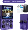 A collage of images showing a purple retro handheld game console and its accessories. Produktbild-Vorschau