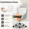 A white office chair with text overlays and diagrams highlighting its features. Produktbild-Vorschau