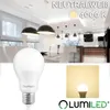 A collage showing a modern interior with pendant lights, a dining table, and a kitchen area, along with a close-up of an LED light bulb and a square graphic displaying a lit bulb. Produktbild-Vorschau