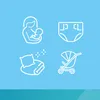 A collage of four icons related to baby care: breastfeeding, a diaper, bedding, and a stroller. Produktbild-Vorschau