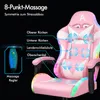 A pink gaming chair with LED lighting, highlighting its massage features with text and diagrams. Produktbild-Vorschau