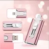 A collage of a pink 3-in-1 USB flash drive with different connection types shown. Produktbild-Vorschau