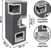 A multi-level cat scratching tower with dimensions and feature callouts. Produktbild-Vorschau