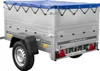 A silver trailer with a blue tarp cover is shown from a diagonal rear-left perspective against a white background. Produktbild-Vorschau