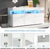 A white LED sideboard with blue interior lighting, shown in a room setting with a table and chair. Below the main image are four close-up shots highlighting product features. Produktbild-Vorschau