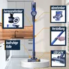 A blue cordless vacuum cleaner is shown in a kitchen setting, with various features highlighted by text overlays and inset images. Produktbild-Vorschau