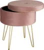 A pink velvet storage ottoman with gold hairpin legs, shown with its lid slightly ajar. Voir les images du produit