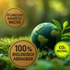 A stylized globe sits on mossy ground, surrounded by green foliage, with marketing badges indicating eco-friendly features. Produktbild-Vorschau