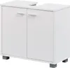 A white bathroom vanity cabinet with two doors and silver handles, standing on small grey feet. Produktbild-Vorschau