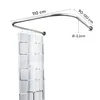 A silver U-shaped shower curtain rod with a white shower curtain hanging from it, against a white background. Produktbild-Vorschau