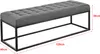 A gray upholstered bench with a black metal frame, shown with dimensions indicated by red lines and text. Anteprima dell’immagine prodotto