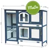 A multi-level wooden hutch for rabbits or guinea pigs, shown from the front with dimensions indicated. Produktbild-Vorschau