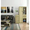 A living room scene with a sofa, coffee table, and a tall cabinet with shelves and drawers. Produktbild-Vorschau