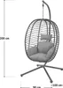 A gray hanging chair with a metal stand and cushions, with dimensions indicated by measurement lines and text. Produktbild-Vorschau