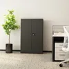 A dark gray metal cabinet with two doors and a handle, placed in an office setting next to a potted plant and a filing cabinet. Produktbild-Vorschau