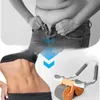 A split image showing a person struggling to button jeans due to a large stomach, transitioning to a toned stomach and an abdominal exercise wheel. Produktbild-Vorschau