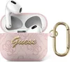 A pink AirPods 3 case with a gold Guess logo and a gold carabiner clip. Náhled obrázku produktu