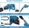 Collage showing how to assemble and use a cordless leaf blower/vacuum cleaner. Podgląd zdjęcia produktu