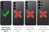 Four phone cases are shown side-by-side, with checkmarks and crosses indicating compatibility. Voir les images du produit