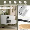 A collage of images showing a white bathroom vanity with open drawers, highlighting its design, features, and materials. Produktbild-Vorschau