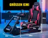 A gaming chair and racing wheel stand setup with dimensions indicated by text overlays. Produktbild-Vorschau