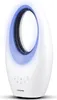 A white bladeless fan with blue lighting around the air outlet. Produktbild-Vorschau