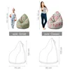 A size chart comparing two bean bag sizes with people for scale and line drawings showing dimensions. Náhľad obrázku produktu