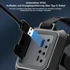 Close-up of a USB cable being plugged into a device, with text overlay describing charging features. Produktbild-Vorschau