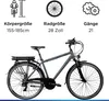 A gray E-bike is shown against a white background, with icons and text above detailing its specifications. Produktbild-Vorschau