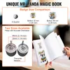 A marketing image showing a button making machine with size comparisons and a book with panda illustrations. Náhľad obrázku produktu