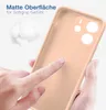 A hand touching a pink phone case with text describing its matte surface and soft grip. Produktbild-Vorschau