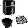 A black Russell Hobbs air fryer with dimensions shown, along with its basket and grill rack. Produktbild-Vorschau