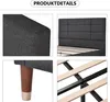 A collage of four close-up images showing details of a dark gray upholstered bed frame. Produktbild-Vorschau