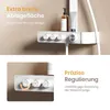A close-up of a modern white shower control panel with multiple knobs and a shelf holding toiletries, with accompanying text highlighting features. Podgląd zdjęcia produktu
