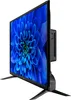 A side view of a black television set with a blue floral image displayed on its screen, resting on its stand. Produktbild-Vorschau