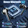 Close-up of two black wireless earbuds against a dark, circuit-board-like background with glowing blue accents and text. Produktbild-Vorschau