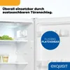 Interior view of an open refrigerator, showing shelves and food items, with marketing text and a logo. Produktbild-Vorschau