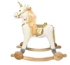 A stuffed unicorn rocking horse with wooden rockers and wheels, presented against a white background. Podgląd zdjęcia produktu