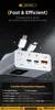 A close-up view of a white power bank with multiple charging ports and cables plugged in, set against a dark, textured background with dramatic lighting. Produktbild-Vorschau