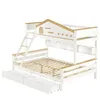 A white and wood bunk bed with a house-shaped top bunk and storage shelves. Produktbild-Vorschau
