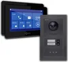 A product shot of a video intercom system, including an indoor monitor and an outdoor unit. Produktbild-Vorschau