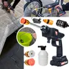 A collage of images showing a cordless pressure washer being used to clean a bicycle wheel, a person holding the pressure washer near a concrete structure, a close-up of the pressure washer components, and a bucket of water with the intake hose submerged. Náhled obrázku produktu