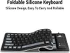 A black foldable silicone keyboard is shown partially rolled up, with text above describing its features. Produktbild-Vorschau