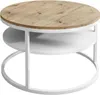 A round coffee table with a wood-grain top and two white shelves on a white metal frame. Náhľad obrázku produktu
