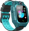 A teal and black smartwatch with a blue accent on the strap is shown against a white background. The watch face displays the time, date, temperature, and a heart icon. Produktbild-Vorschau