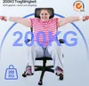 A woman is sitting in an office chair, holding dumbbells, with large text indicating weight capacity. Produktbild-Vorschau